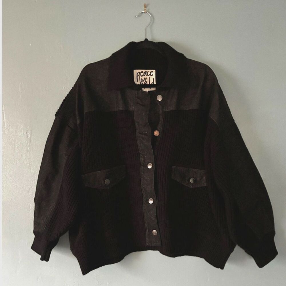 Peace Love World women's black denim jean & knit jacket button closure size 2xl